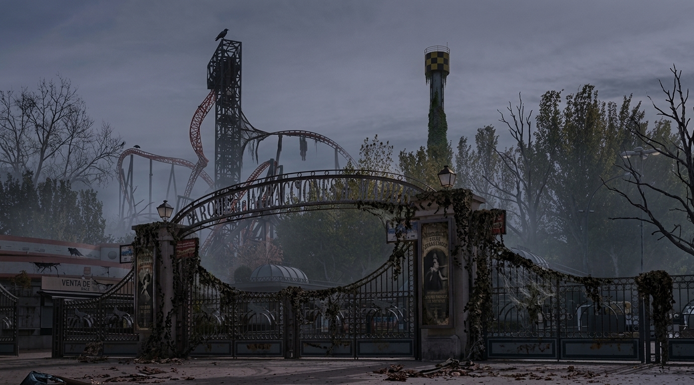 Entrada de un parque de atracciones ambientada en Halloween, con niebla y montaña rusa de fondo